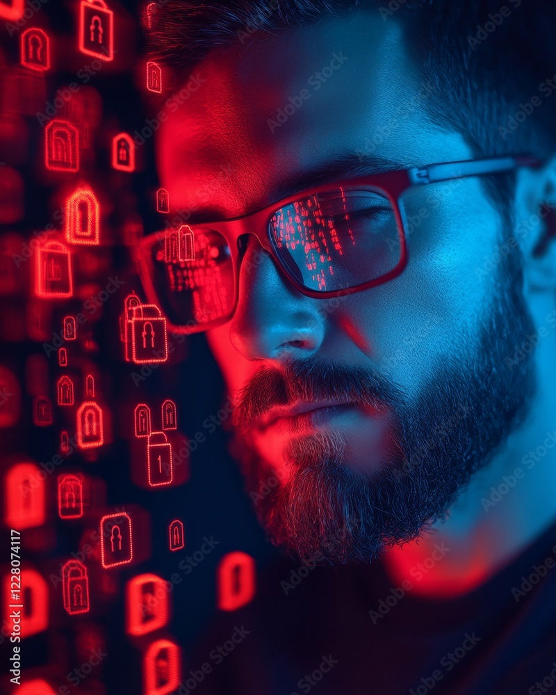 Poster Futuristic Cybersecurity Concept Programmer with Virtual Lock Icons and Code Reflections - Advanced Tech Branding and Secure Software Development Visualization for IT Professionals