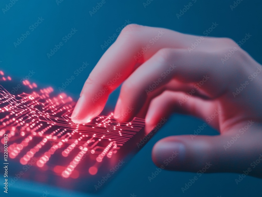 Poster Futuristic Tech Neon Circuit Graphic Overlaid on Interactive Touchscreen - Cybersecurity Visuals and Digital Infrastructure for Modern Business Solutions