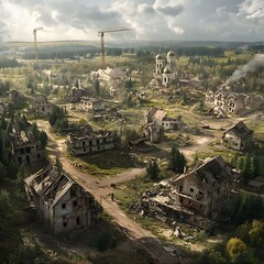 Obraz premium War Torn Village With Damaged Buildings And Church Cranes Above In Cloudy Day Landscape