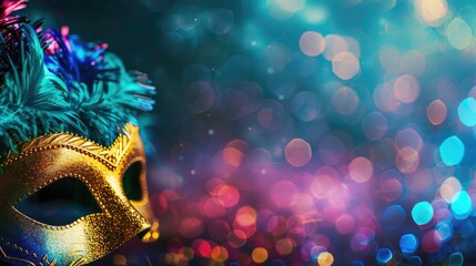 horizontal banner, Jewish holiday of Purim, carnival mask decorated with emerald feathers, bright shining background, confetti, bokeh effect, copy space, free space for text