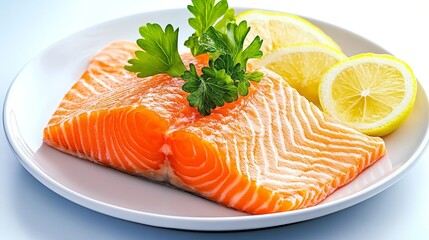 Fresh Salmon Fillet with Lemon and Parsley - Close-up of a fresh salmon fillet, garnished with lemon slices and parsley, on a white plate.