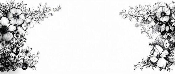 Whimsical black ink doodle border design with geometric shapes and stylized flowers, ideal for creative projects for Black History Month or art promotions.