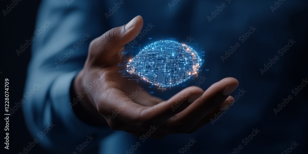 Poster futuristic cybersecurity installation holographic padlock and digital encryption symbols above hands