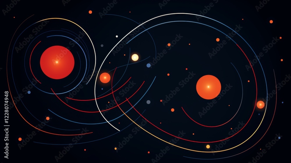 Poster pale neon outlines of planets and stars in galactic orbits for a depth creating visual effect