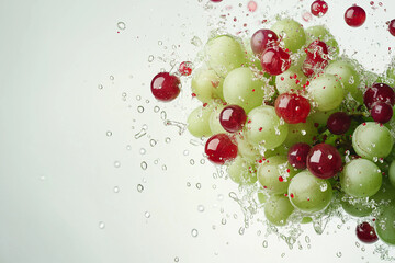 Green and red grapes bursting mid-motion with juice droplets and scattered stems on white background. High-resolution image perfect for wine and fruit promotions.