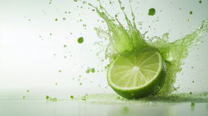 Juicy fresh lime splitting in mid-air with vibrant green juice splash and zest explosion on white background. High-resolution citrus fruit for cocktail and summer drink ads.