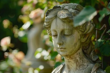 Obraz premium Serene stone bust of a woman with closed eyes, surrounded by the lush foliage of a rose garden, evokes a sense of tranquility and timeless beauty