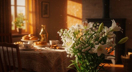 Cozy Home Interior with Lily Flowers on Dining Table in Warm Sunlight