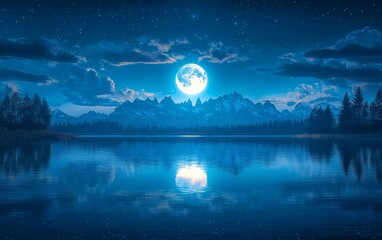 Serene Moonlit Lake Reflecting Towering Mountain Peaks in Peaceful Wilderness Landscape
