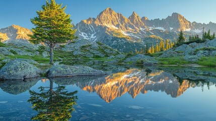 Obraz premium Serene Mountain Lake with Mirrored Reflection of Jagged Peaks and Lone Tree
