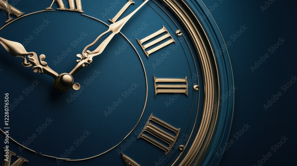 Fototapete Elegant vintage clock against a deep blue background displaying intricate gold details and Roman numerals for the time. Generative AI