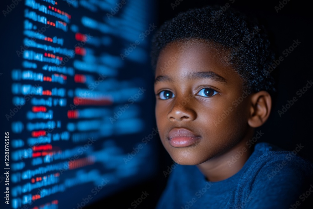 Poster Diverse Youth Coding Scene Focused African Descent Male Student in Dimly Lit Lab, Neon Code Reflections Inspiring STEM Learning for Future-Ready Education and Tech Career Pathways