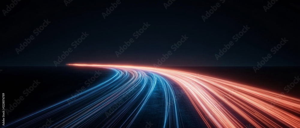 Poster Neon Pathway Dynamic LED Streaks on Asphalt Symbolizing Speed - Future Urban Infrastructure and Tech-Centric Branding for Transport Innovations