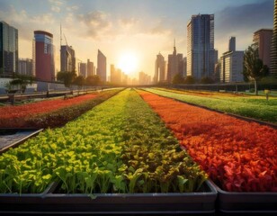 Generated image of rooftop gardens in an urban setting illustrating sustainable agriculture.