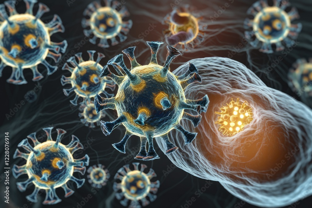 Poster microscopic view of viruses infecting a human cell, highlighting viral structure and infection proce
