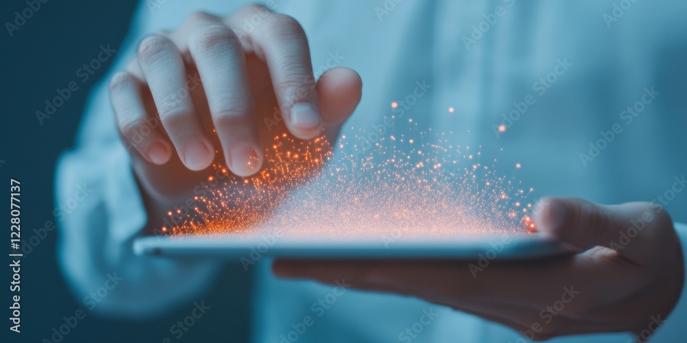Leinwandbilder Holographic Cyber Defense Interface Interactive Touchscreen with Light Particles - Real-Time Threat Monitoring and Incident Response for Tech-Driven Security Professionals