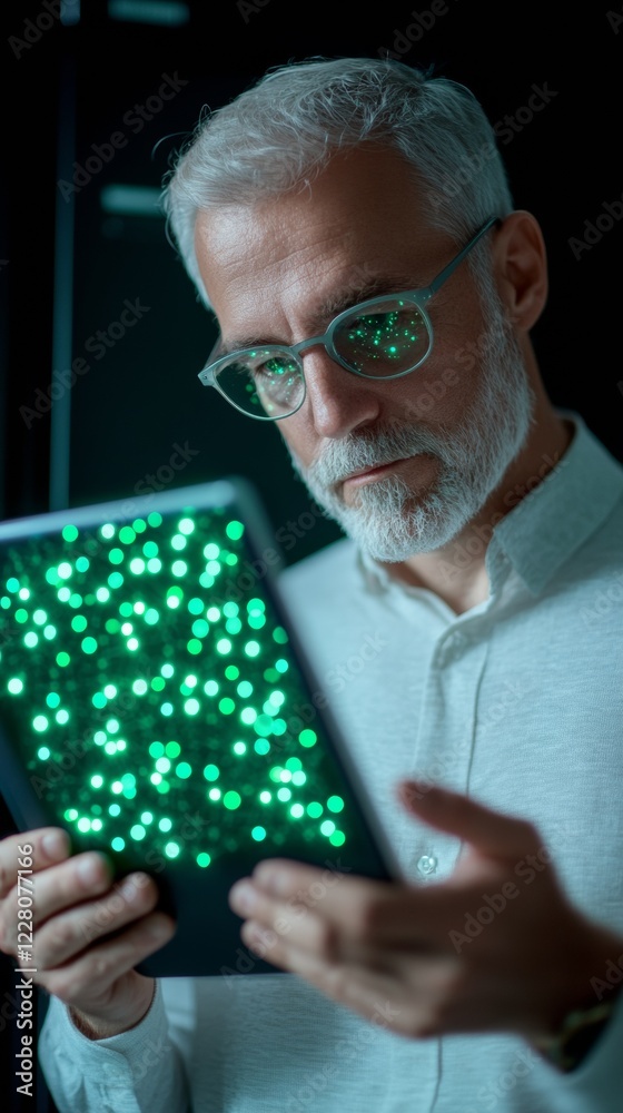 Poster Cybersecurity Aesthetic Silver-Haired Man Accessing Virtual Network on Tablet in Modern Office - Corporate Data Protection and Secure Login Innovation for Tech Industries