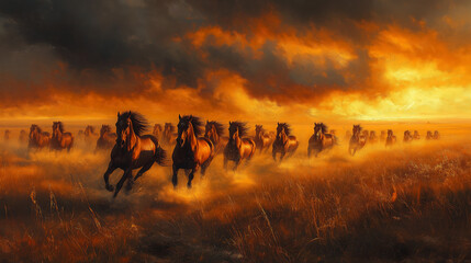 A herd of wild horses galloping across a wide, open plain under stormy skies, showcasing the power, freedom, and raw energy of untamed nature