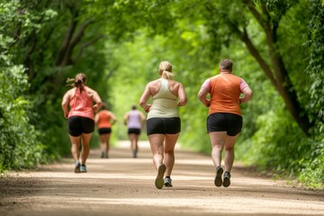 Community Fitness Run Diverse Group on Scenic Forest Trail - Promoting Outdoor Wellness and Healthy Lifestyle Habits in Modern Active Living Campaign