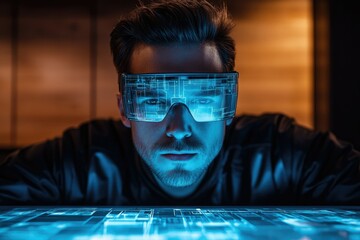 A man wearing futuristic glasses interacts with a glowing digital interface, showcasing advanced technology.
