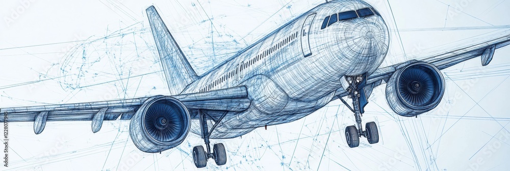 Fototapete Technical blueprint showcasing detailed design of an airplane with intricate lines and dimensions. Generative AI