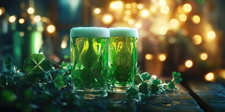 Green beer in glasses with a festive Irish theme, celebrating St. Patrick's Day.