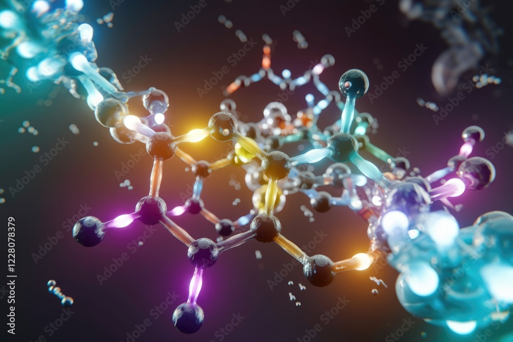 Aufkleber A vibrant 3D rendering of interconnected molecules, showcasing their complex structure and bonds.
