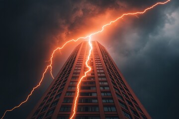 Dynamic Lightning Visualization on Skyscraper Electrifying Urban Graphics for Tech Marketing and Storm Safety Design - Emphasizing Modern Architecture and Energy Awareness