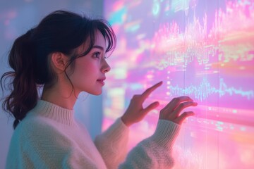 A young woman interacts with a vibrant, data-rich digital display, exploring complex information.