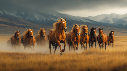 A herd of wild horses galloping across a wide, open plain under stormy skies, showcasing the power, freedom, and raw energy of untamed nature