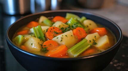 A comforting bowl of vegetable soup with visible ingredients like carrots, potatoes, and cabbage. Ready to eat, this healthy dish is high in fiber and nutrients.