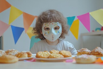 Colorful donuts on a table at a children's party. A young child wearing a mask sits in front of the pastries, looking pleased.