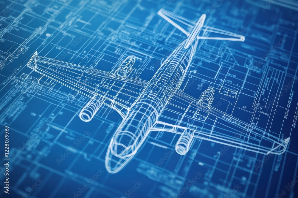 Aufkleber detailed technical blueprints showcasing the design of an airplane on a blue background. generative 