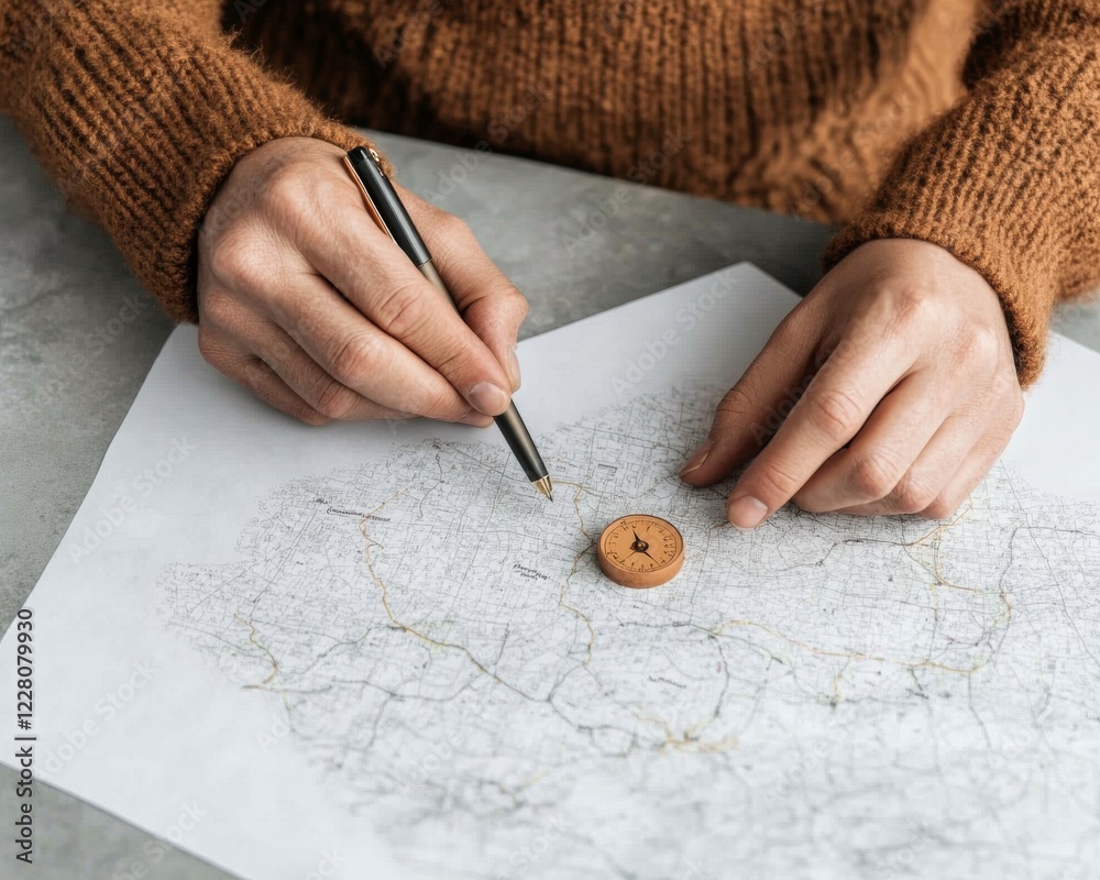 Poster tactile map exploration handcrafted parchment with compass - artisan travel planning for modern expl