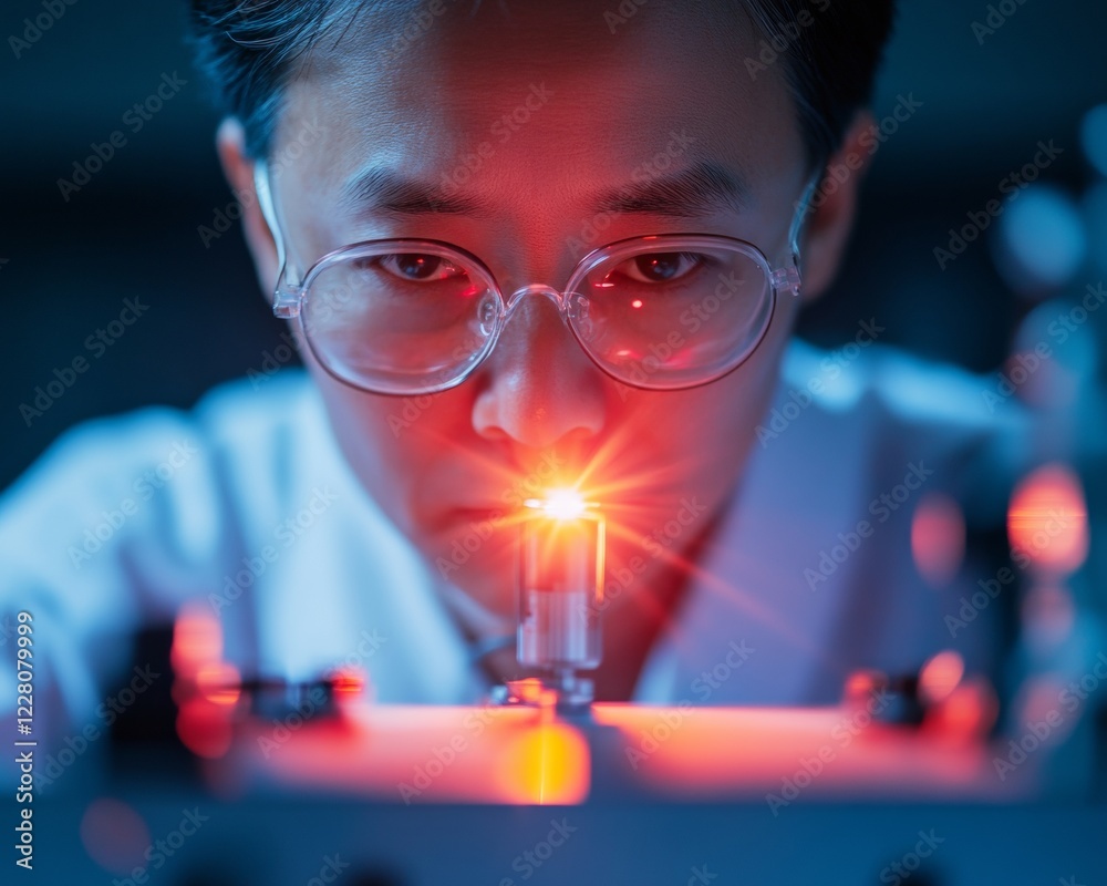 Poster futuristic optics lab precision laser calibration on glass instruments - cutting-edge quantum resear
