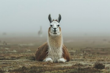 Brown and white llama lying on the ground in the foggy andes mountains