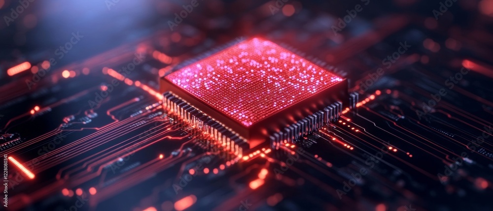 Poster Holographic Tech Regulation Display Data Visualization of Red Circuit Boards - Advanced Oversight Solutions for Modern Digital Compliance in Tech Industry