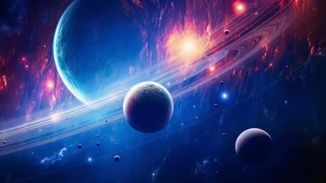 The birth of a supernova on a widescreen image. The Big Bang. Multicolored nebulae and stars. Parade of paneths in the universe, stars and a cosmic body