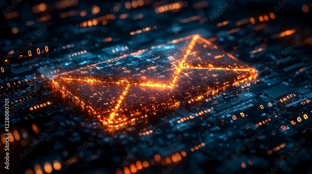 Poster glowing 3d email icon hovering over digital landscape with binary code