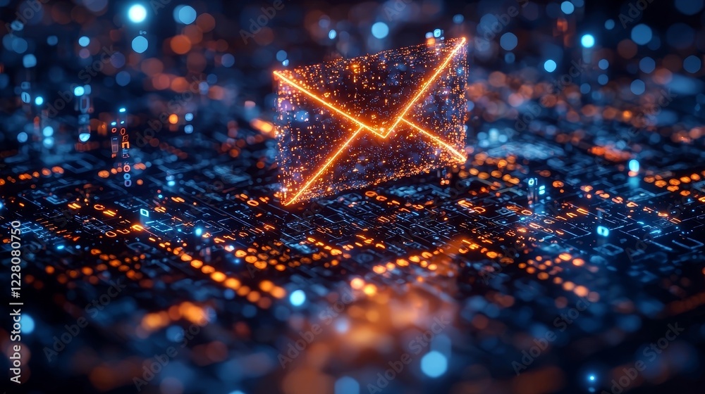 Poster glowing 3d email icon hovering above a digital landscape with binary code