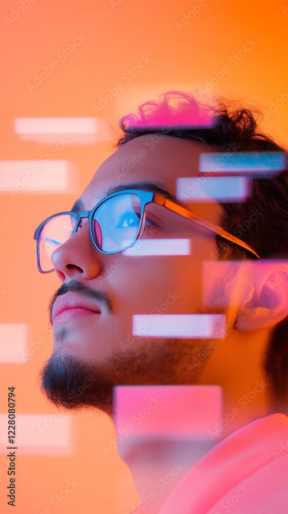Poster glitch art in business young latino entrepreneur presentation - vibrant digital design for tech-driv