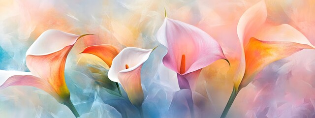 Beautiful colorful calla lilies, ethereal, luminous colors, soft lighting
