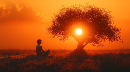Obraz premium Gaunt person silhouetted against a harsh glaring sun in a drought stricken field under a solitary tree