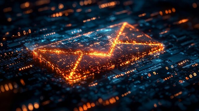 Glowing 3D Email Icon Hovering Over Digital Landscape with Binary Code