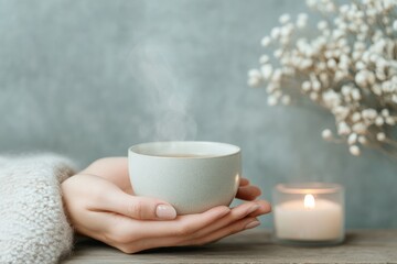 Scandinavian Wellness Escape Close-Up of Handcrafted Ceramic Cup with Herbal SteamSerene Self-Care Decor for Modern Home and Mindfulness Marketing