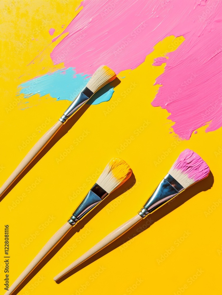 Poster color splash creative workspace dynamic art brushes with vibrant paint strokes on canvas - inspiring