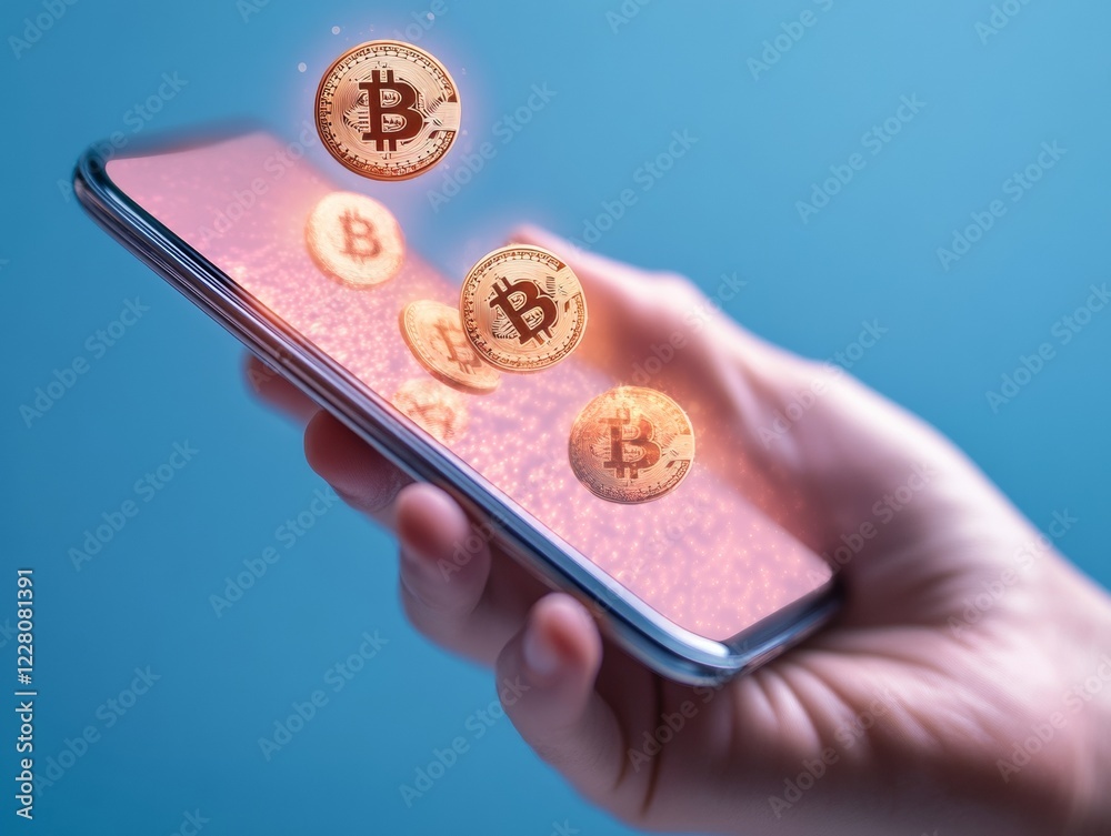 Aufkleber Futuristic Fintech Mobile Display Hand Holding Smartphone with Crypto Wallet Interface and Blue-Lit Background - Digital Currency Solutions for Finance and Business Innovation