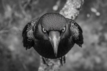 Angry crow with wings spread, perched on a tree branch.