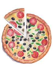 Hand-Drawn Watercolor Pizza With Tomatoes And Mushrooms