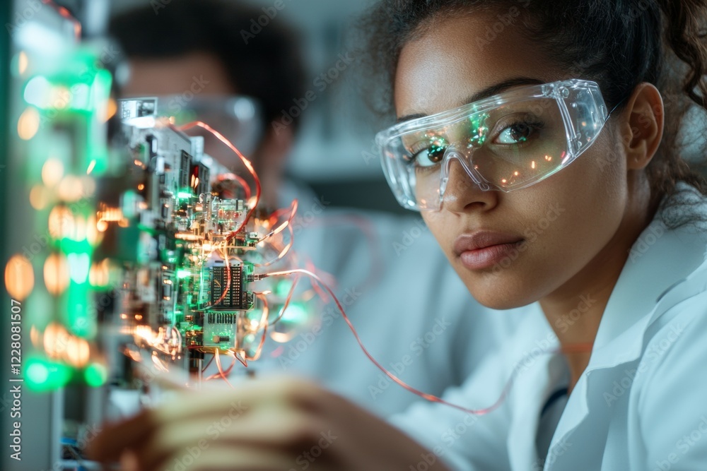Poster innovative electronics lab young professionals soldering circuits in a modern workshop - tech skills